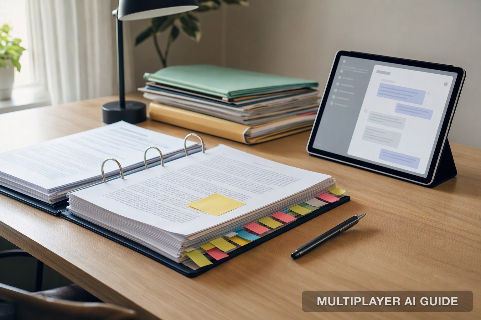 Binder of documents beside a tablet chat interface, representing Slack AI bots that answer from docs, wikis and chat history
