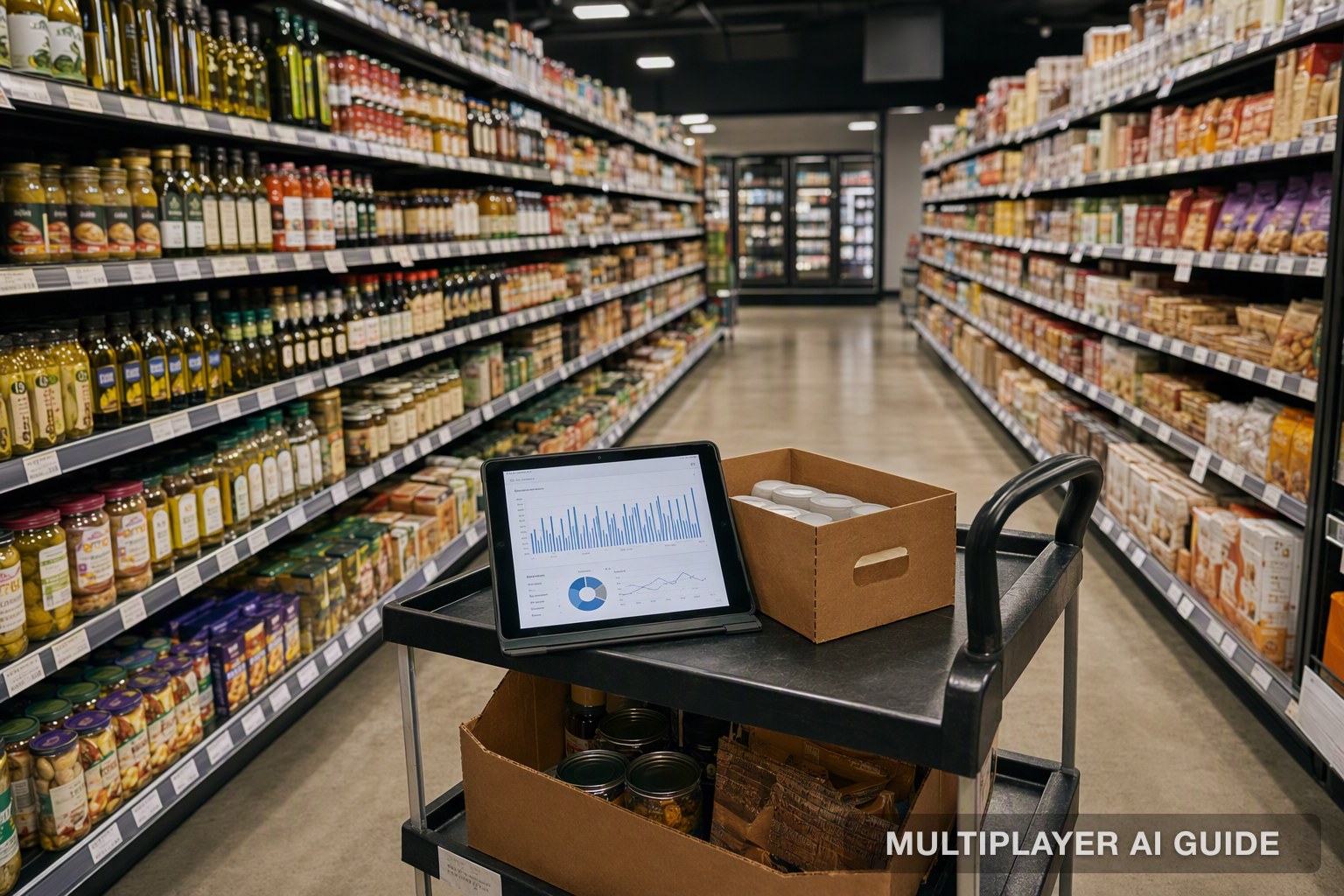 A stocked grocery aisle with a tablet showing sales charts on a stocking cart