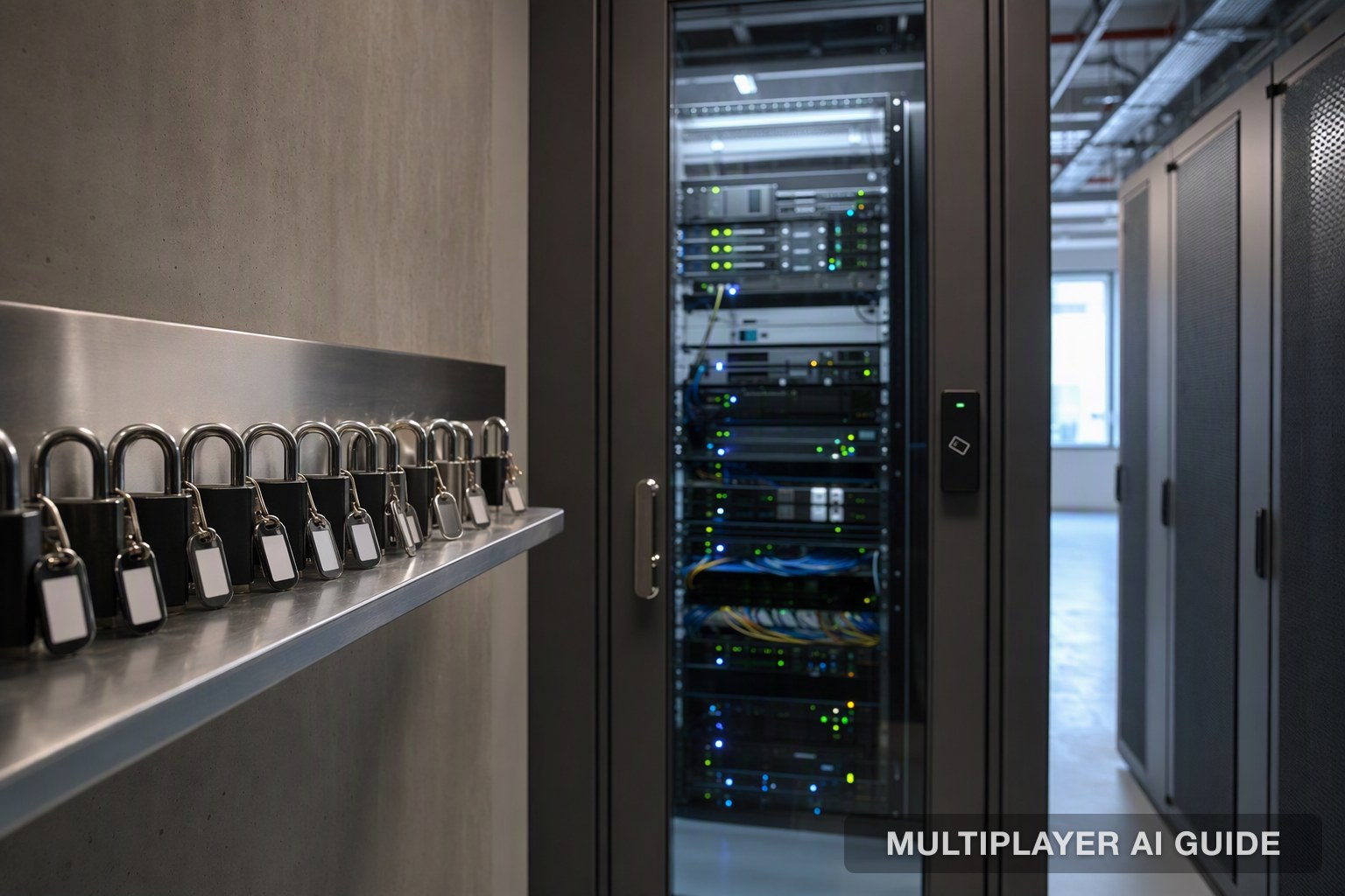 Server rack behind a keycard-controlled glass door, illustrating enterprise AI data governance and access control