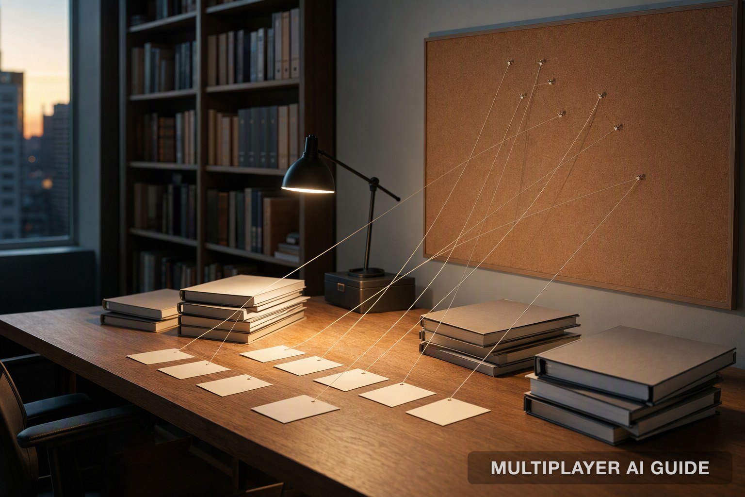 Unmarked binders and blank index cards on an office table, linked by threads to a corkboard, suggesting connected company knowledge