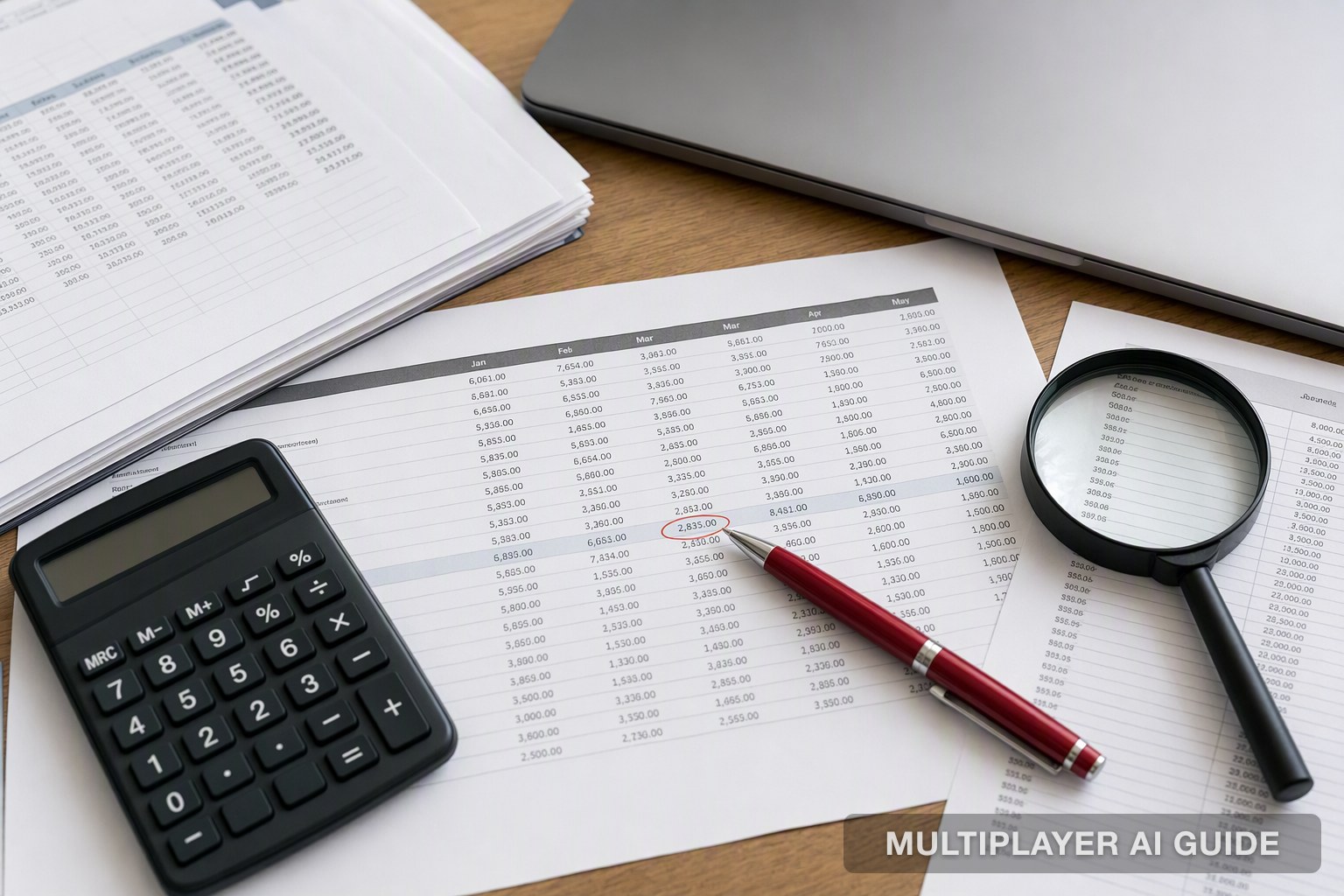 Printed business reports with one figure circled under a magnifying glass, illustrating AI agents checked against real business data