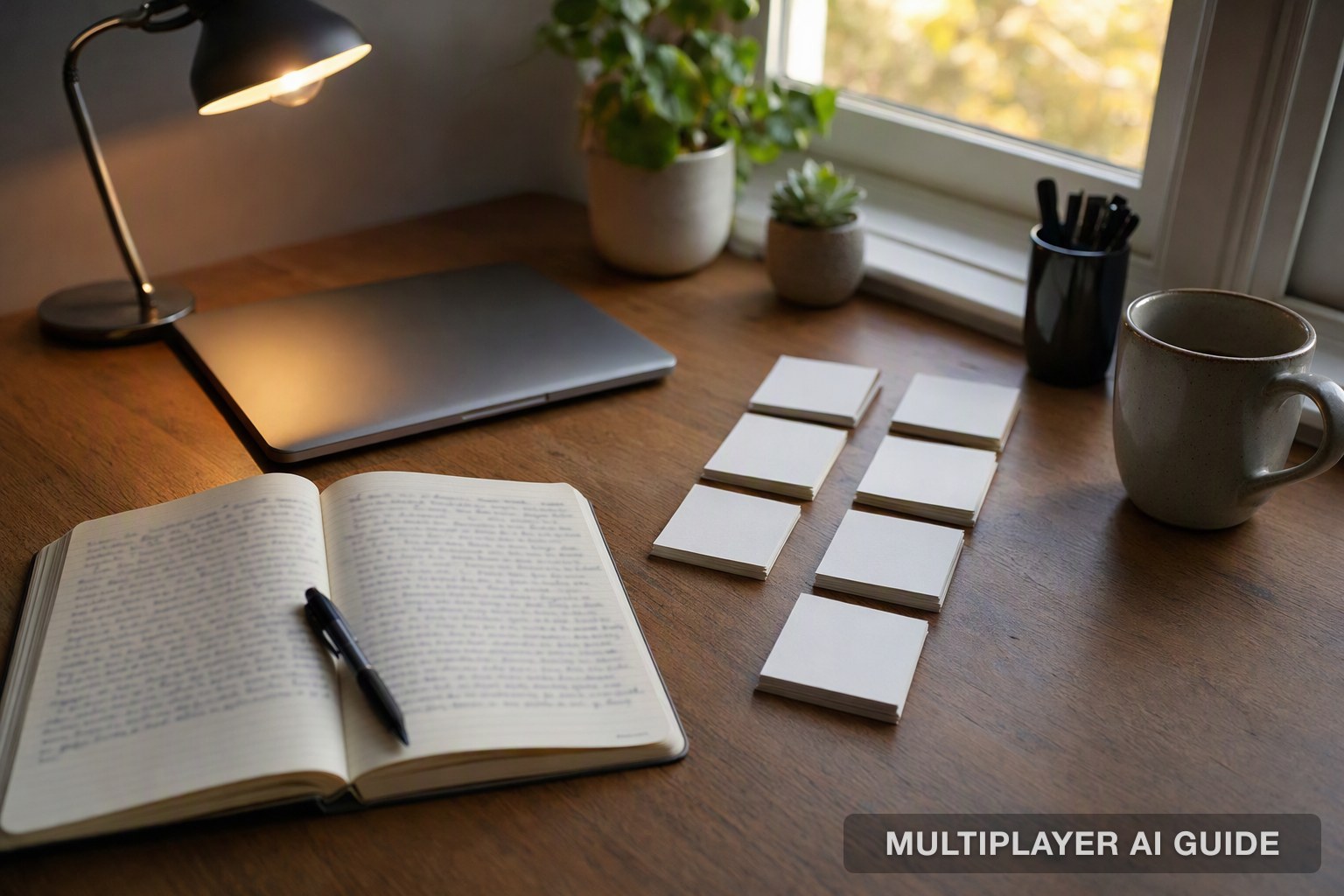 A desk with an open notebook, a closed laptop and rows of sorted index cards in afternoon light