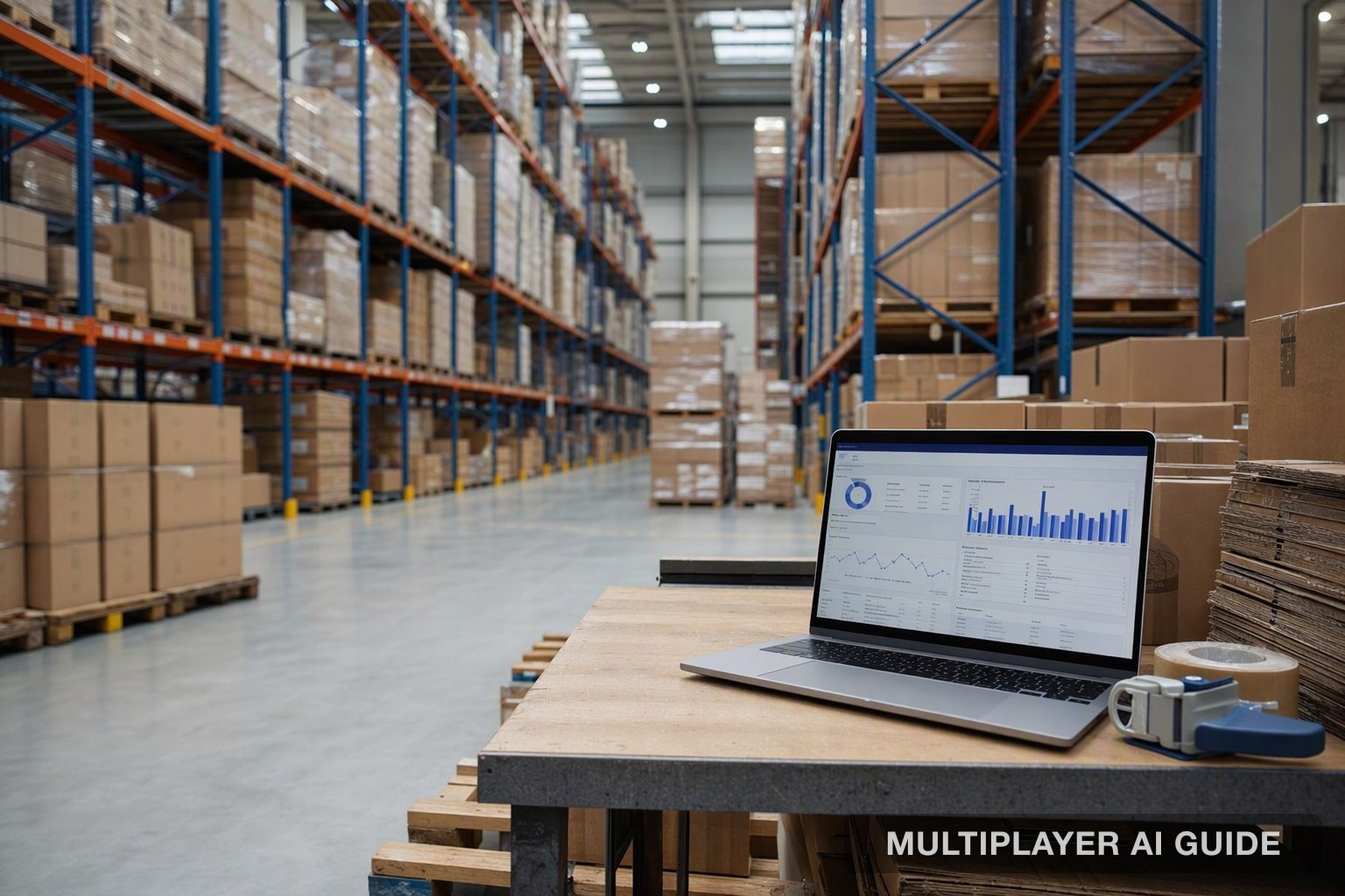 Pallet racking in a distribution center with a laptop showing a logistics dashboard
