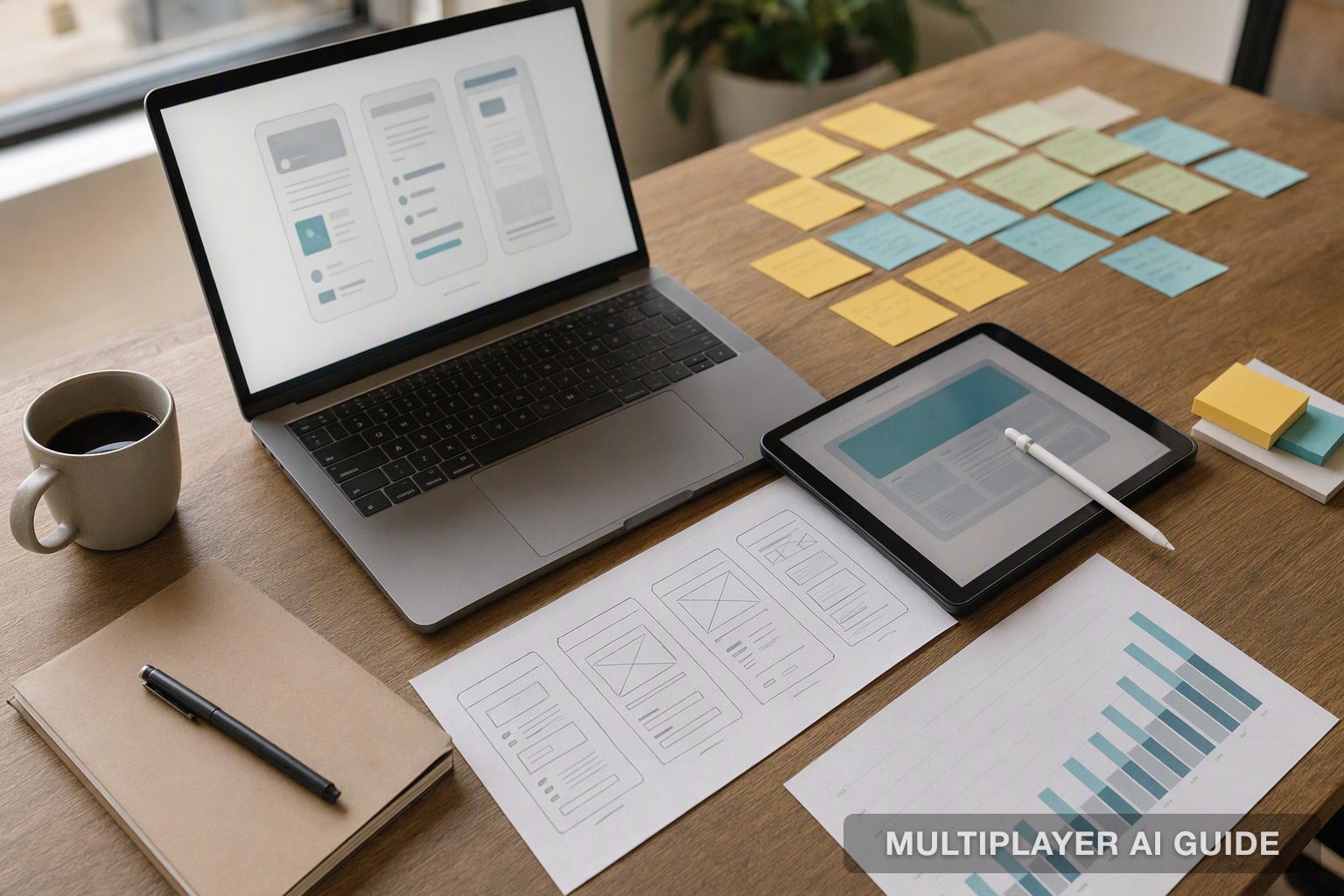A design studio table with a laptop showing wireframes, paper sketches, clustered sticky notes and a printed usage chart