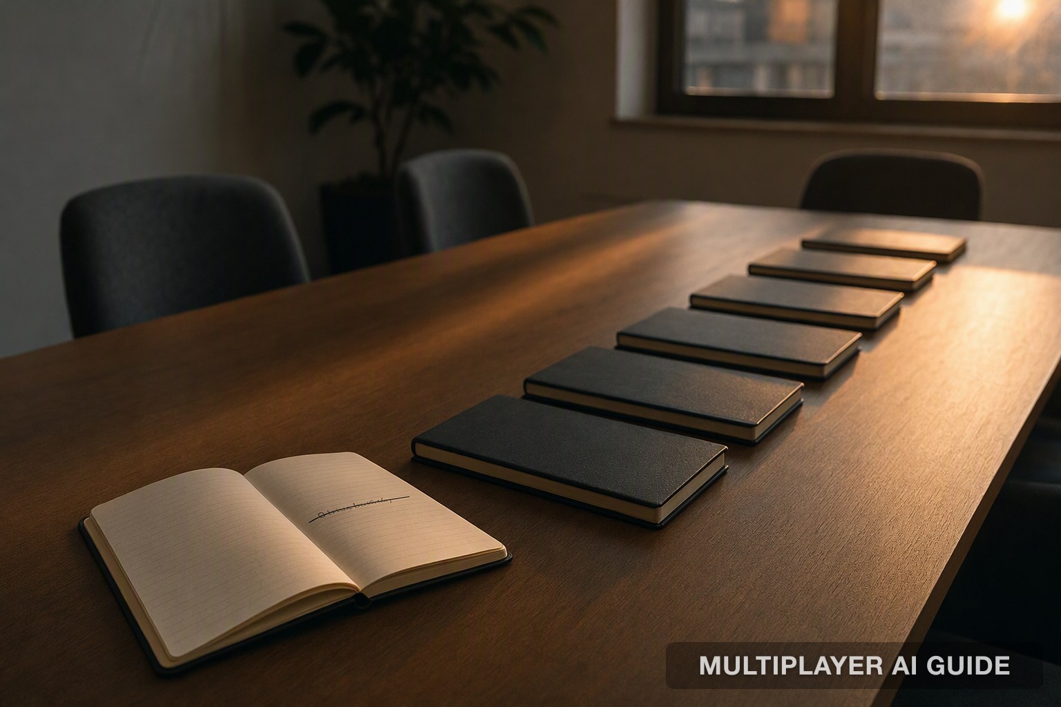 A row of identical notebooks on an empty meeting table, the nearest one open with a corrected line