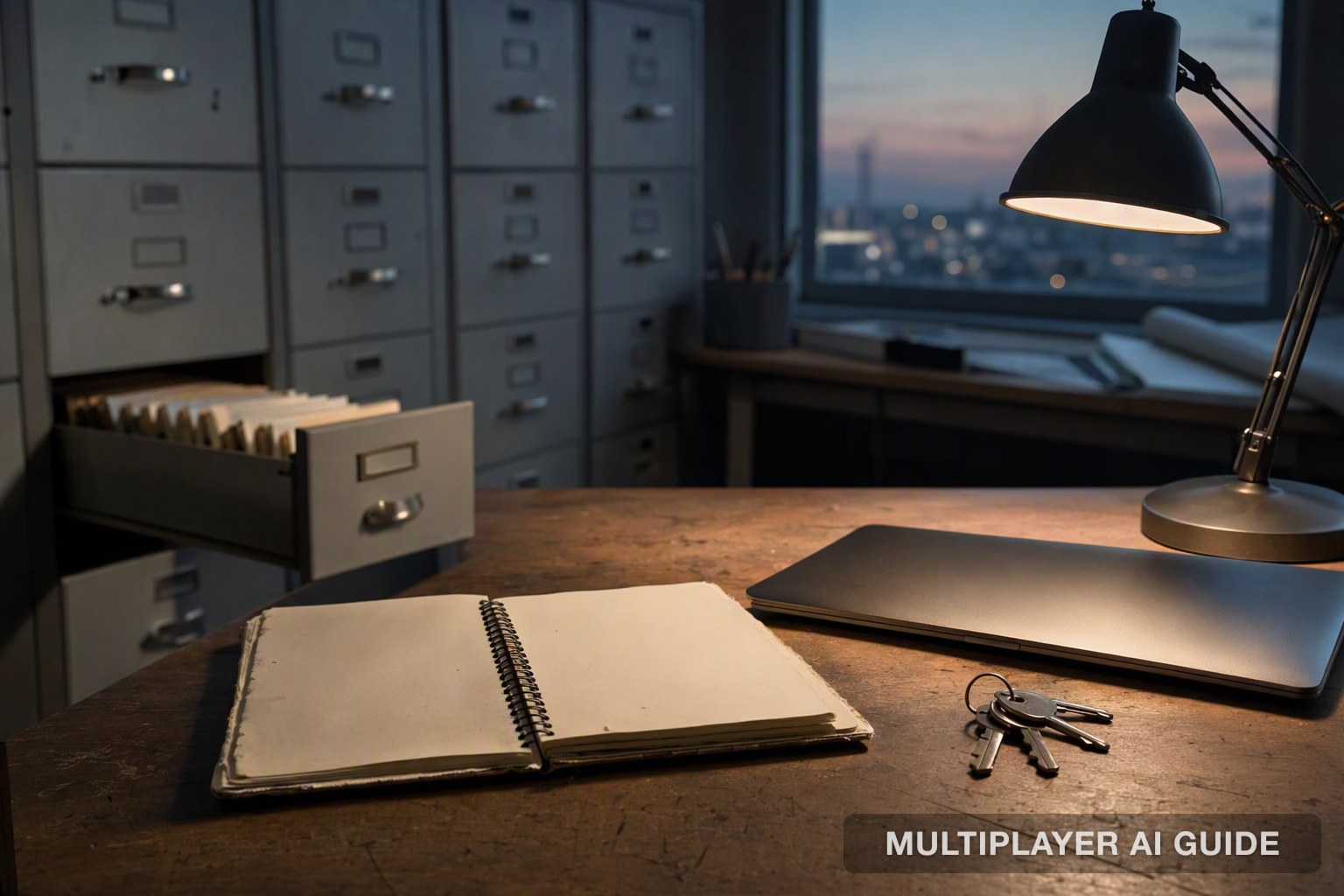 An open blank notebook and closed laptop on an empty office desk, with a wall of filing drawers behind and one drawer left ajar