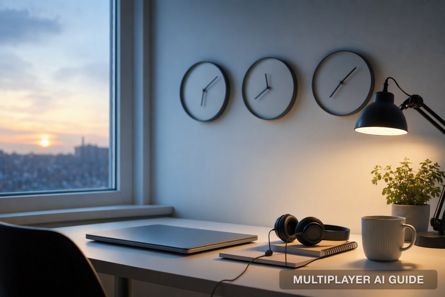An empty home-office desk at dawn with a closed laptop, a headset on a notebook and three wall clocks set to different times
